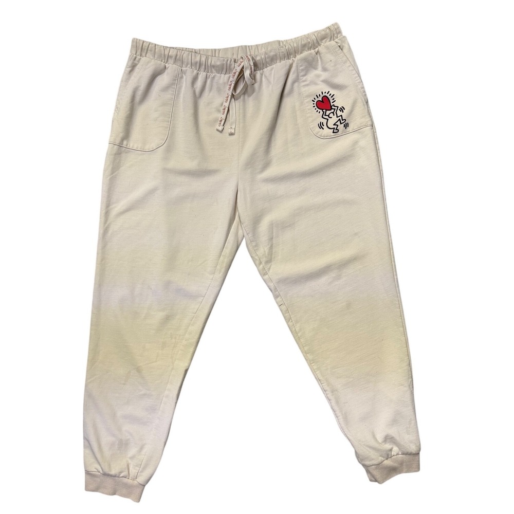 Keith Haring Heart Graphic Joggers Cream Sweatpants XXL‎ Mens Pop Art Streetwear